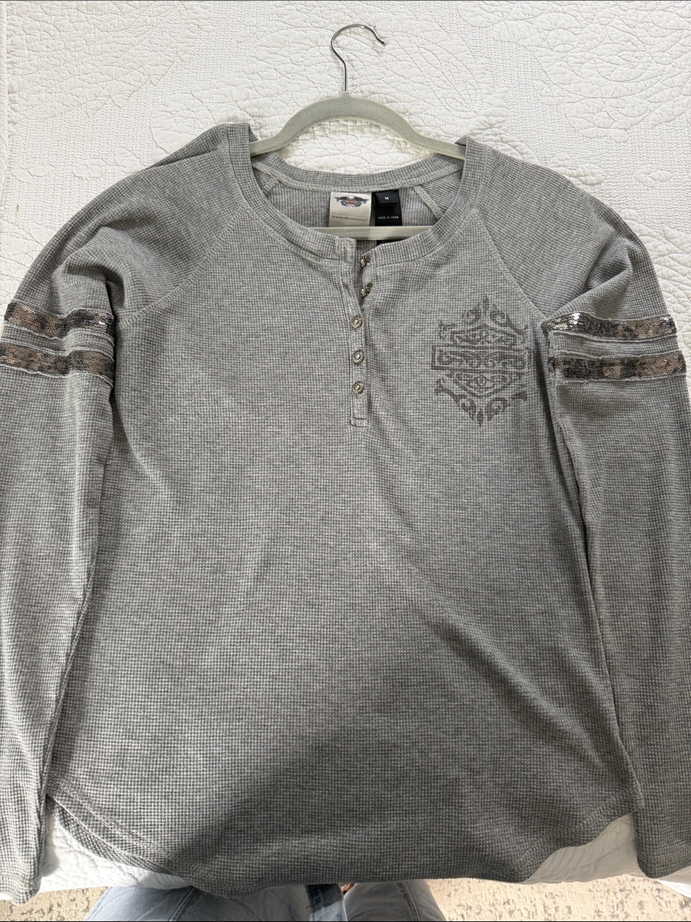 Harley-Davidson Light Gray Waffle Henley with Sleeve Stripes